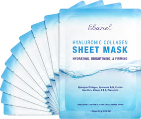 Ebanel front packaging showing 10 collagen sheet masks and benefits