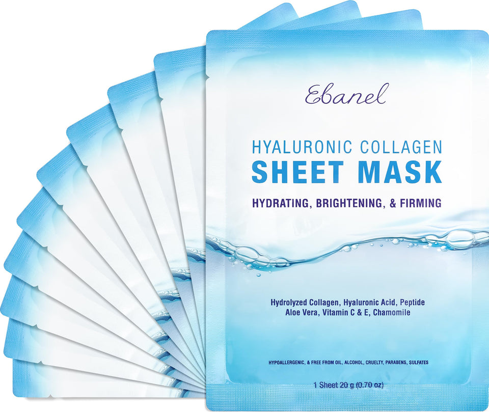 Ebanel front packaging showing 10 collagen sheet masks and benefits