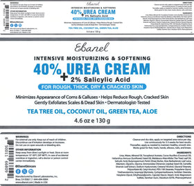 Flatlay of Ebanel ingredients showing urea, salicylic acid and botanical oils