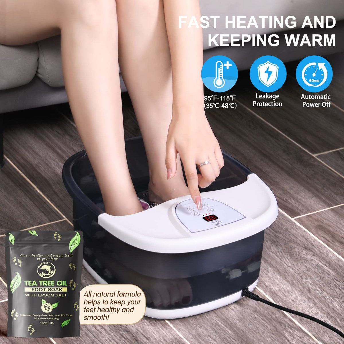 ECARBME lifestyle image of foot spa in living room offering convenient self-care