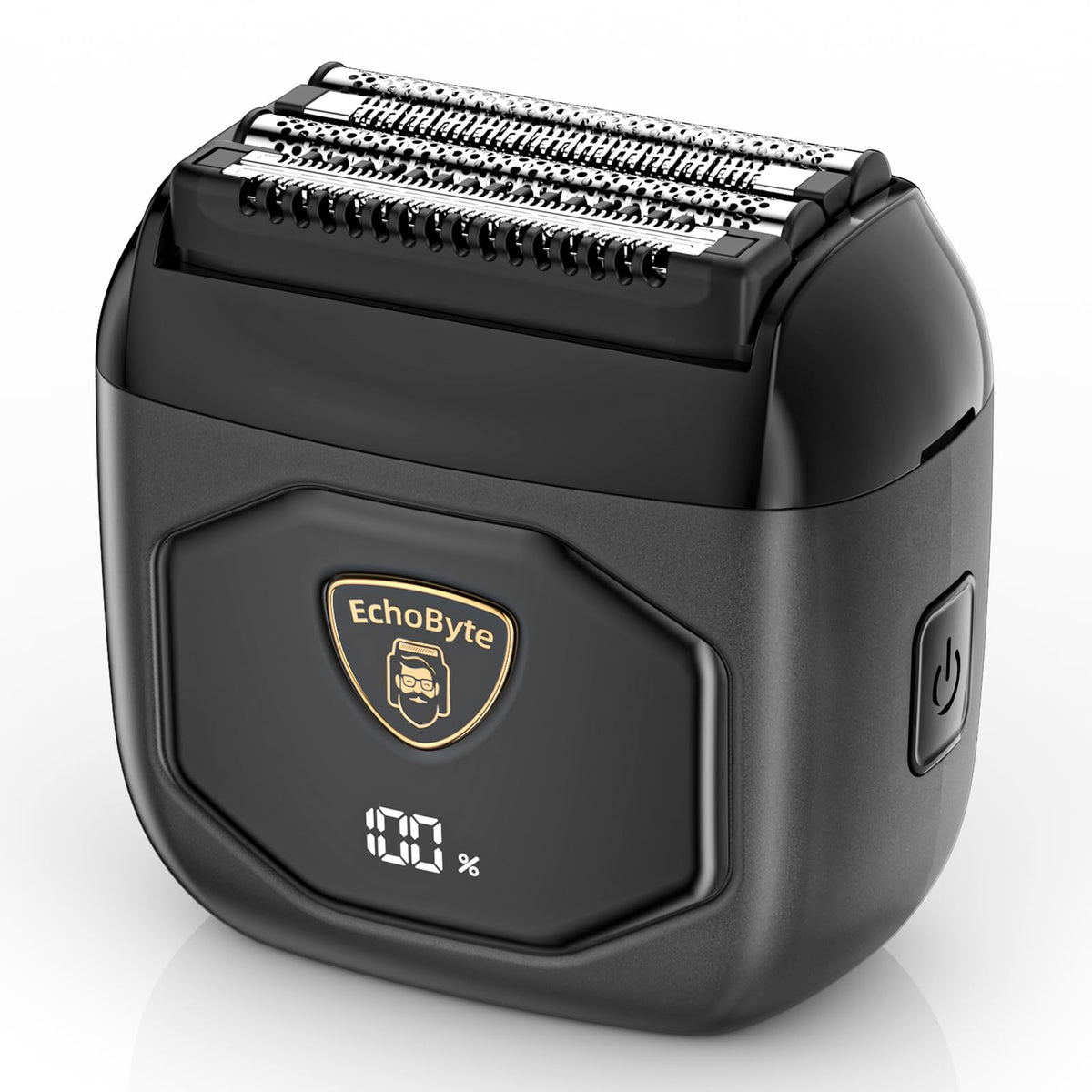 EchoByte front view showing sleek space black metal body and ergonomic grip benefit portability