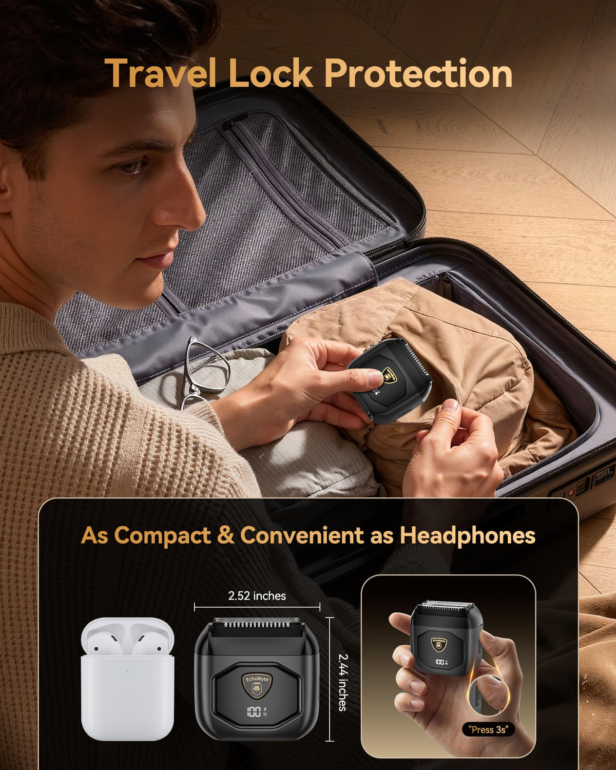 EchoByte held next to smartphone demonstrating compact travel size and pocket-friendly convenience