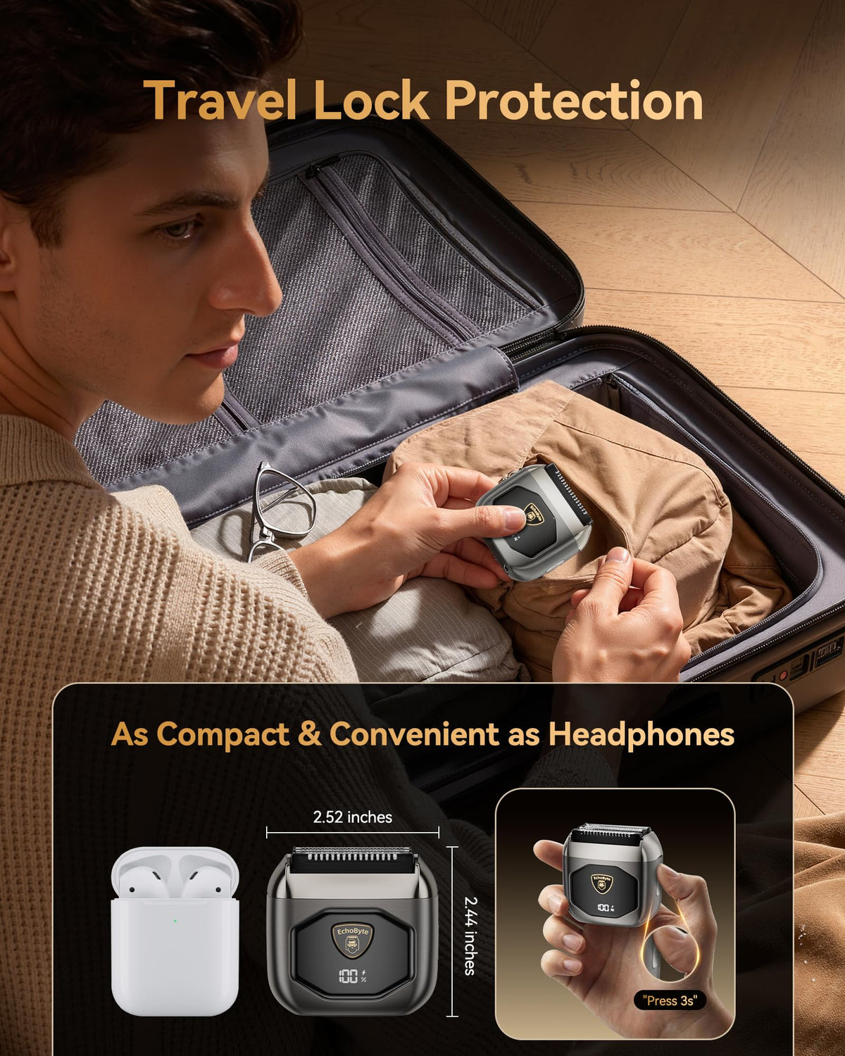EchoByte beside a smartphone showing travel lock and compact pocket-sized design