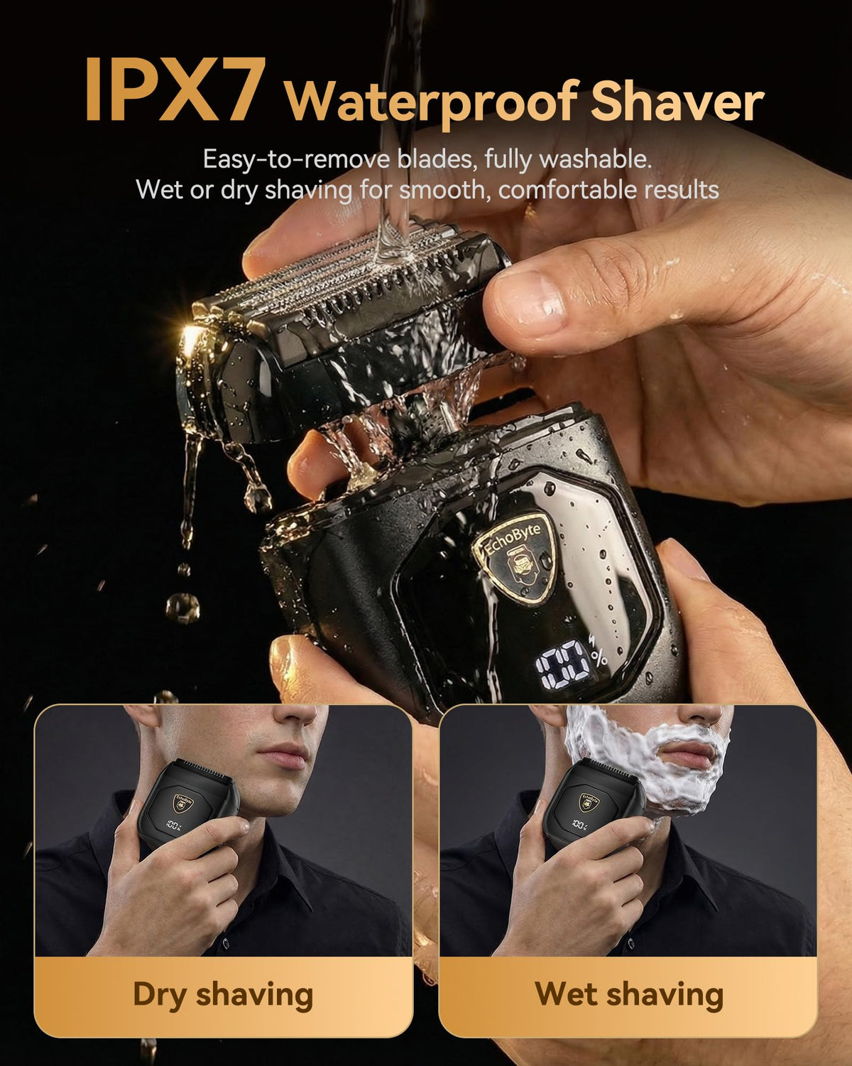 EchoByte under running water illustrating IPX7 waterproofing for easy cleaning and wet shave use