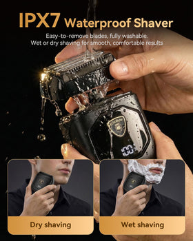 EchoByte under running water illustrating IPX7 waterproofing for easy cleaning and wet shave use