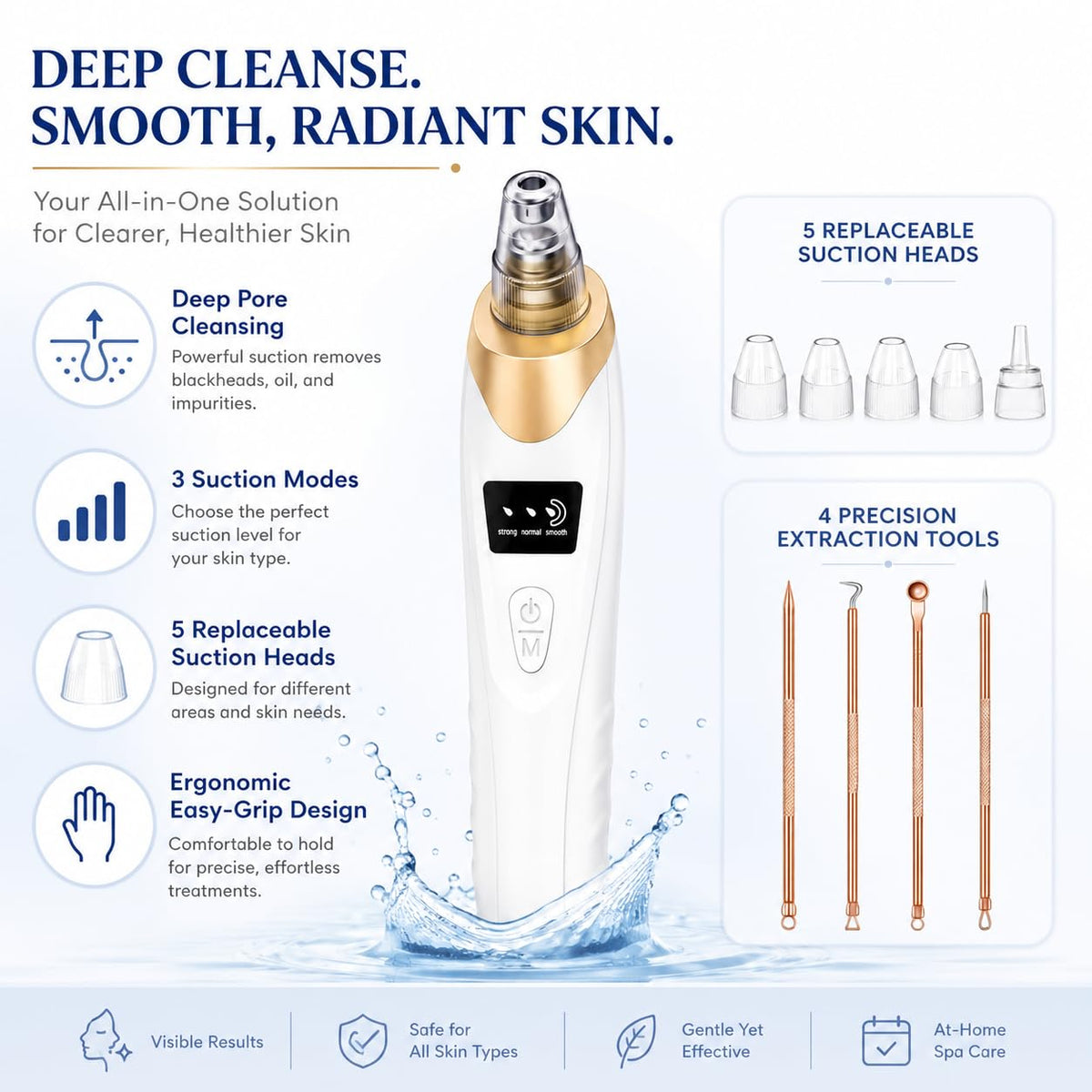 Echtur four gold stainless-steel extractor tools laid out for precise blemish removal