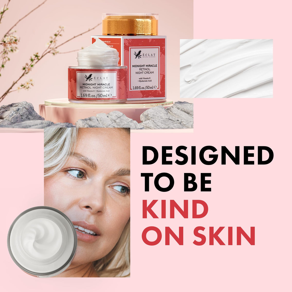 Eclat Skincare 50ml jar beside common items showing compact travel-friendly size