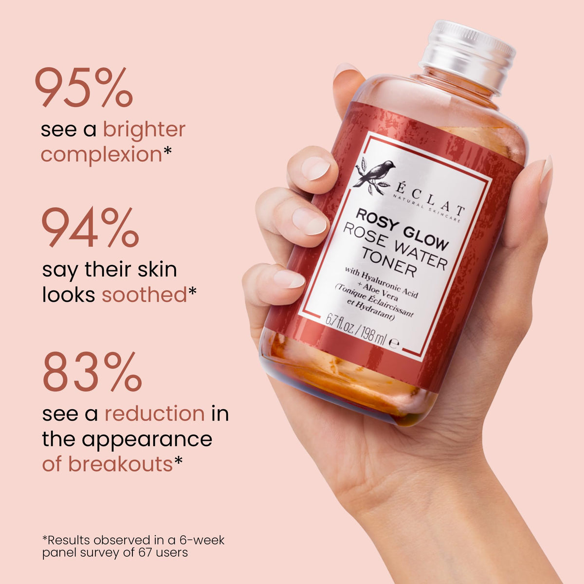 Eclat Skincare bottle in hand to show product size and travel-friendly benefit