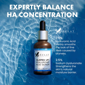 Eclat Skincare label close-up listing hyaluronic acid and vitamin B5 benefits