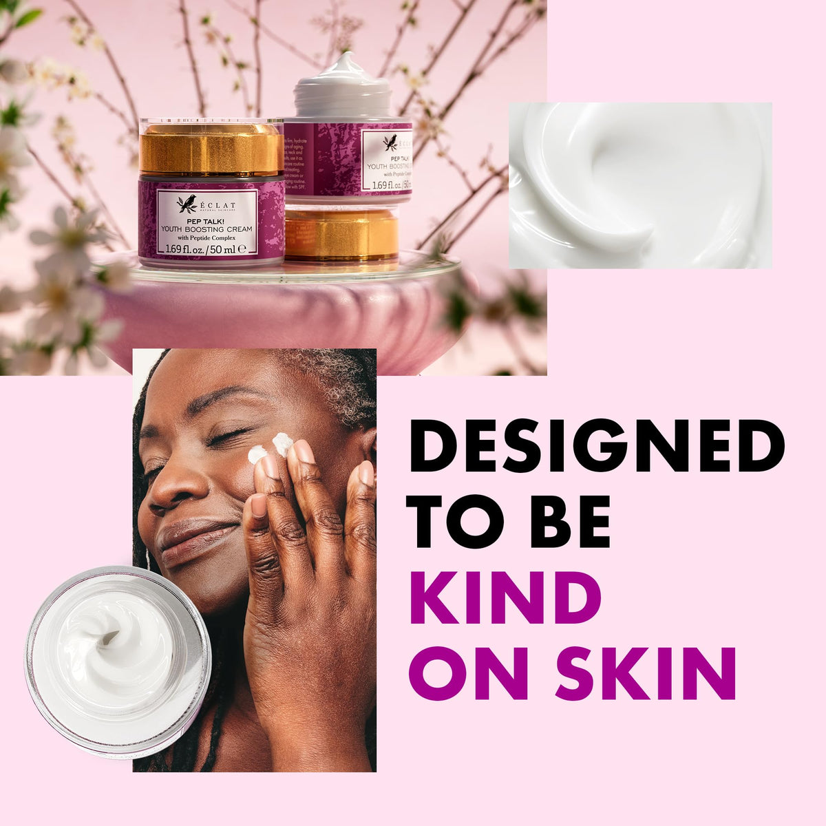 Eclat Skincare jar label close-up highlighting ingredient claims