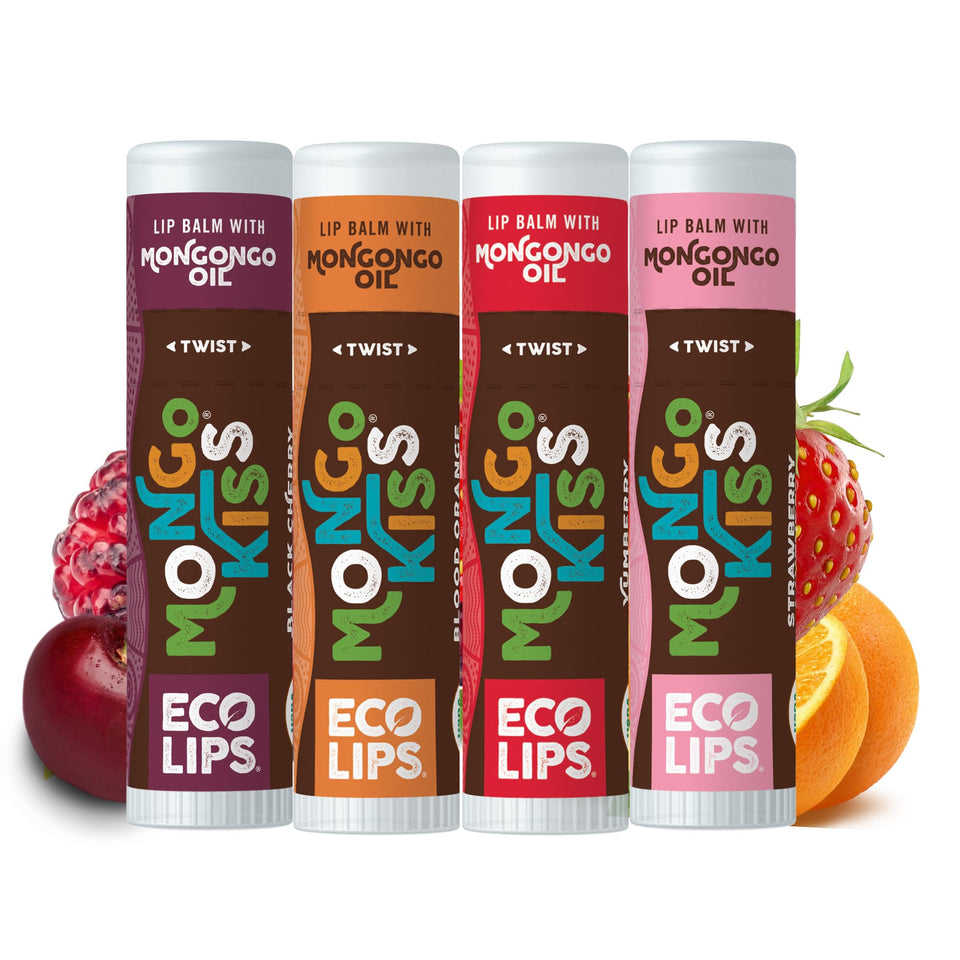Eco Lips front packaging showing four flavored tubes, convenient variety