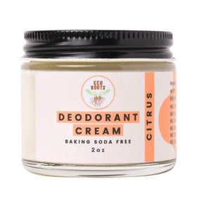 ECO ROOTS front jar with citrus label showing natural deodorant branding and clarity