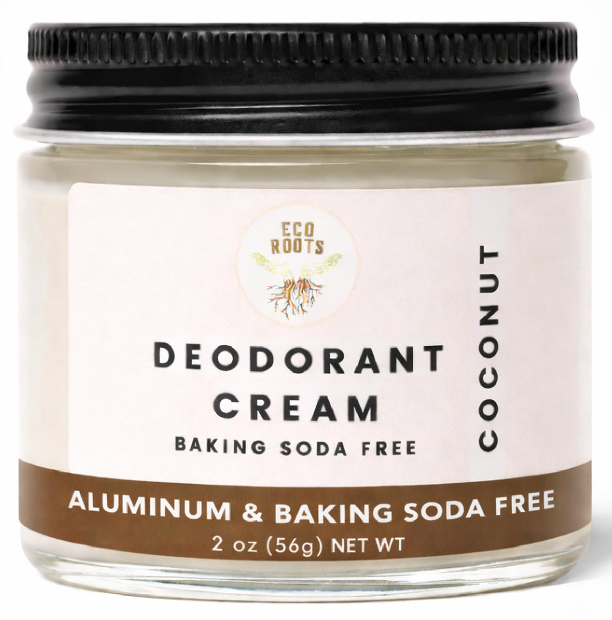 ECO ROOTS front jar showing coconut deodorant cream benefits