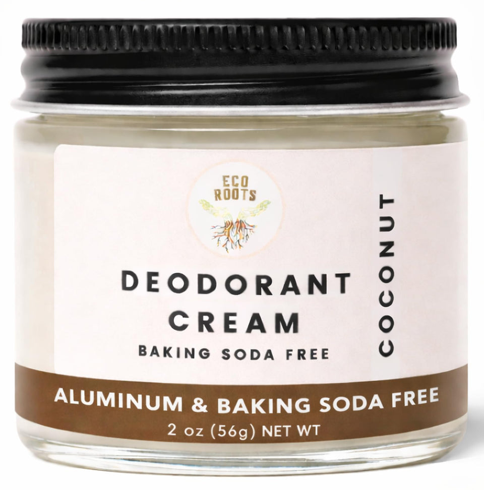 ECO ROOTS front jar showing coconut deodorant cream benefits