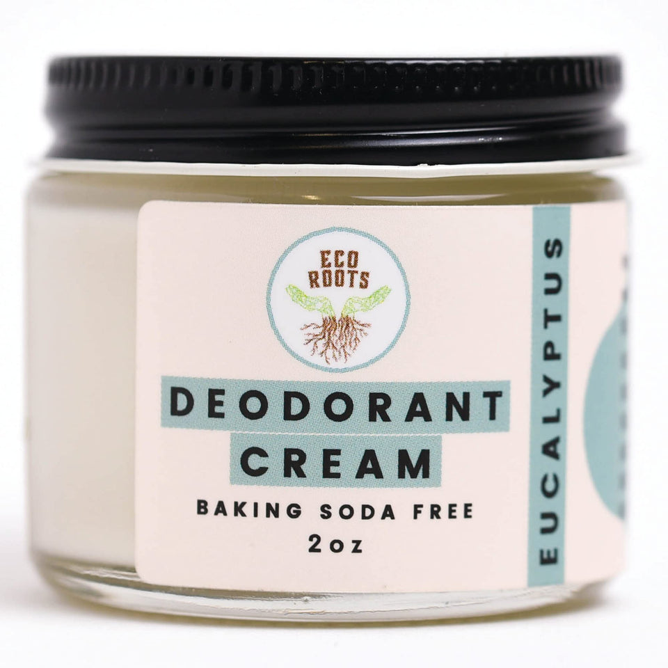 ECO ROOTS front jar showing eucalyptus scent and clean packaging benefit