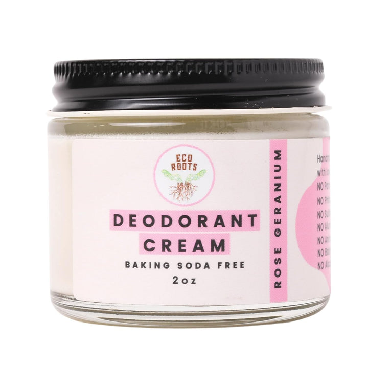 ECO ROOTS front jar showing rose geranium scent and clean label benefits