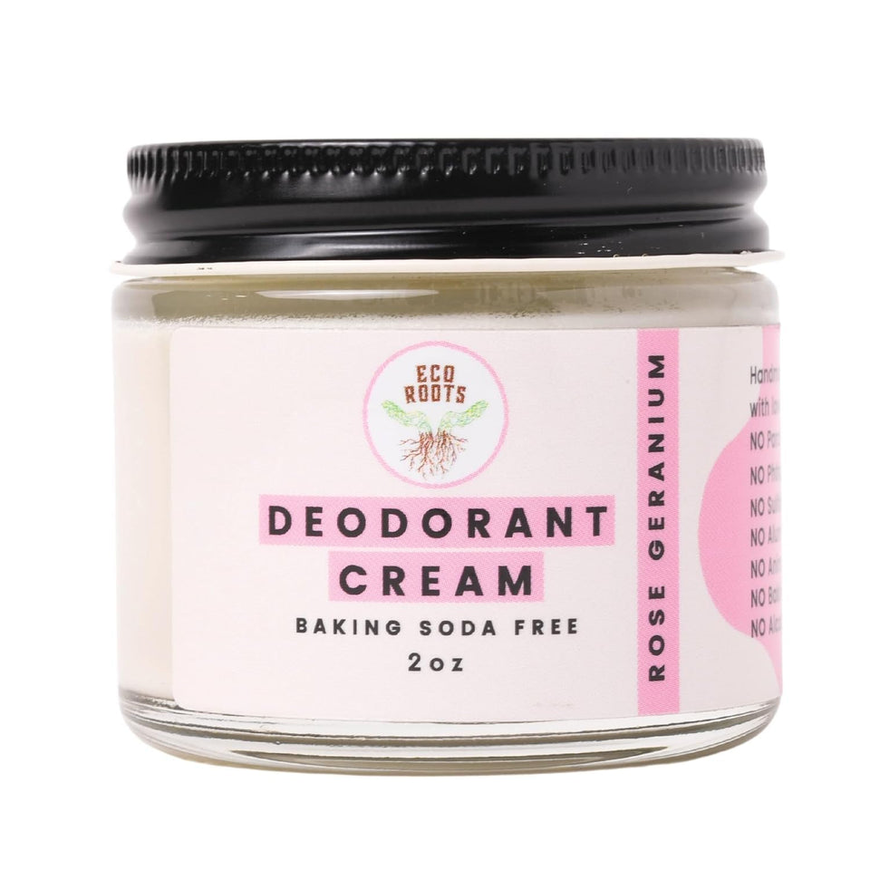 ECO ROOTS front jar showing rose geranium scent and clean label benefits
