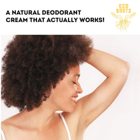 ECO ROOTS jar on bathroom shelf conveying everyday natural deodorant use