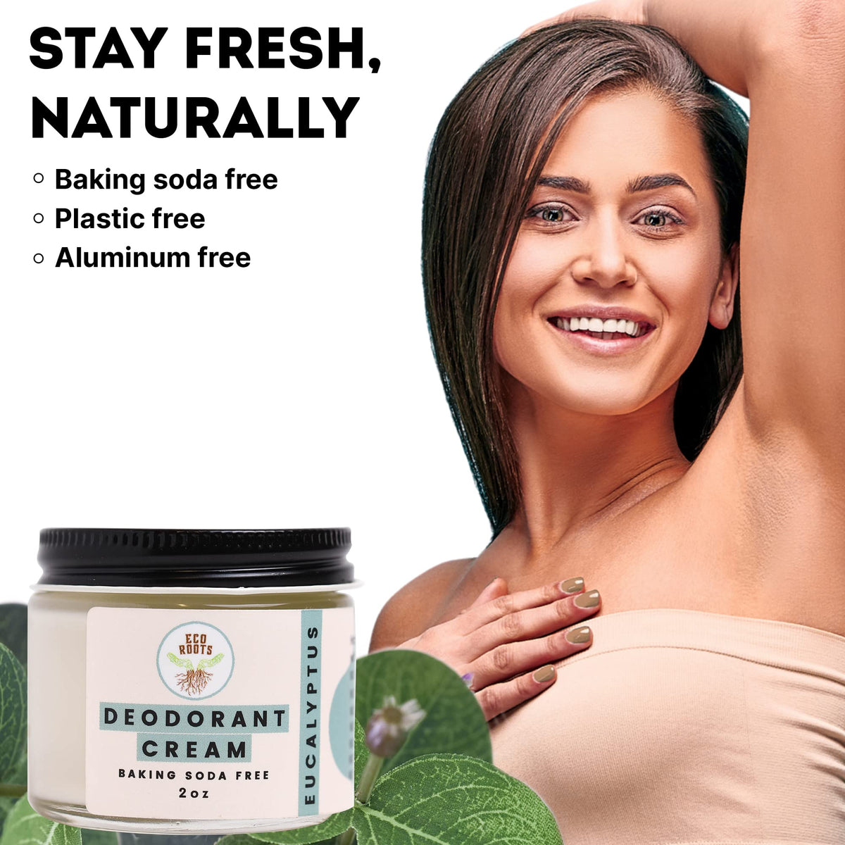 ECO ROOTS arrowroot and shea butter ingredients highlighting gentle care benefit