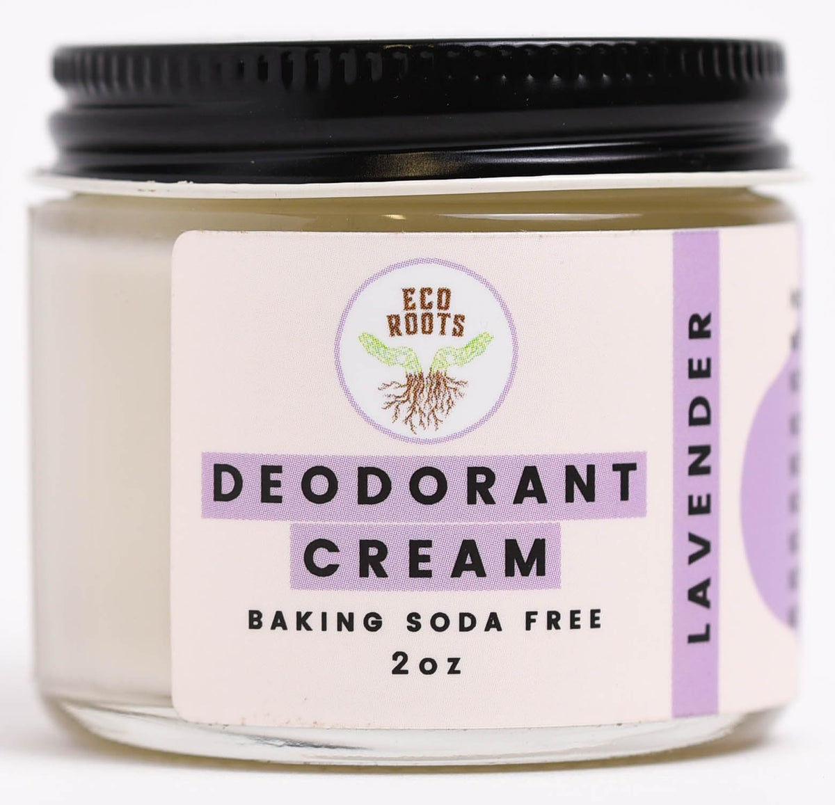 ECO ROOTS jar front with lavender scent and clear product benefit