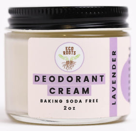 ECO ROOTS jar front with lavender scent and clear product benefit