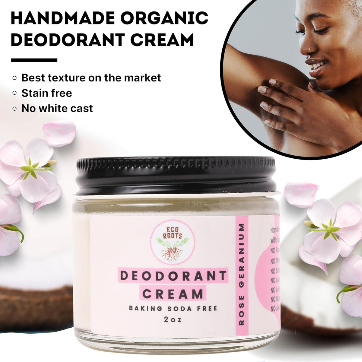 ECO ROOTS label photo highlighting organic ingredients and aluminum-free promise