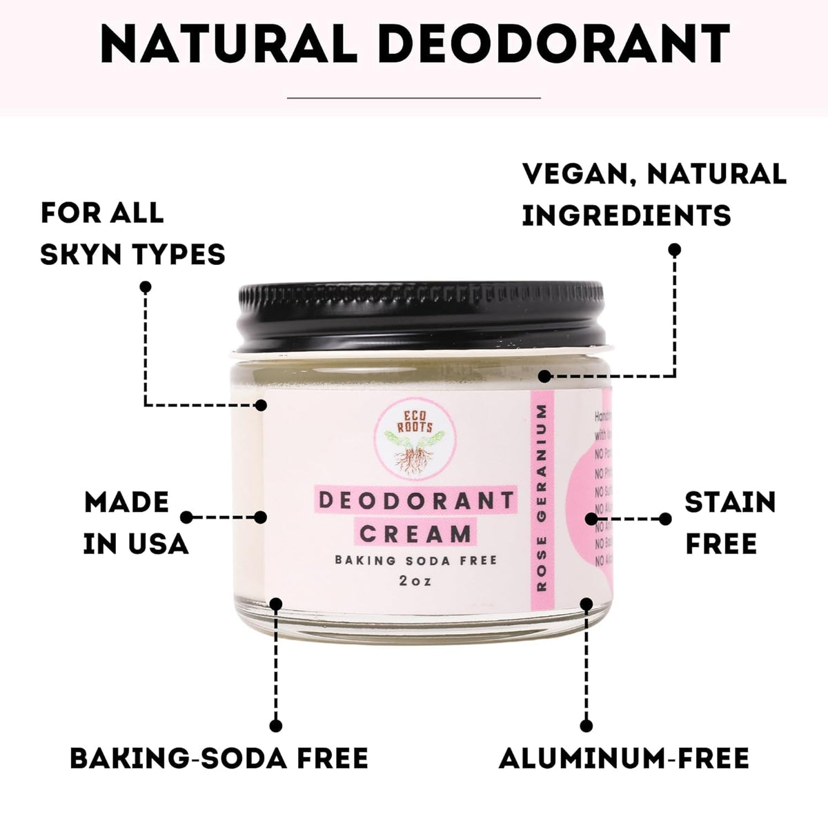 ECO ROOTS open jar displaying creamy paste for gentle, no-residue application