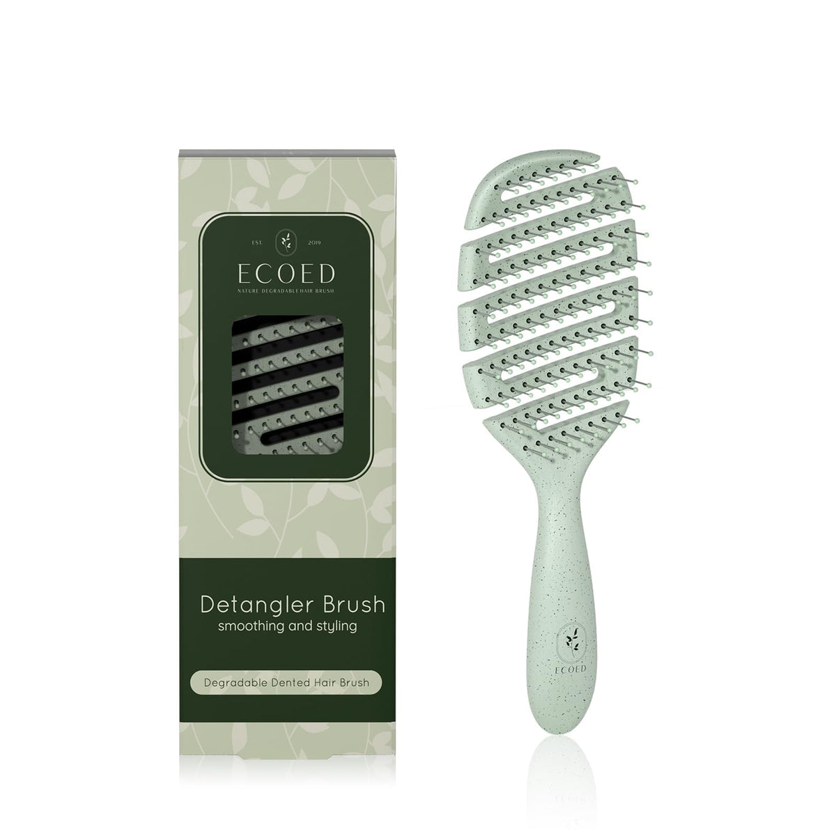 ecoed front view of green detangler brush showing full shape and eco finish for easy styling