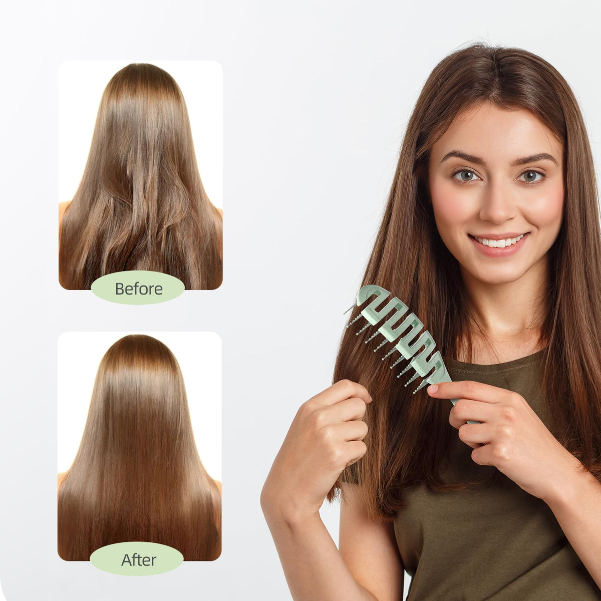 ecoed brushing wet hair, detangler in use to reduce pulling and speed styling