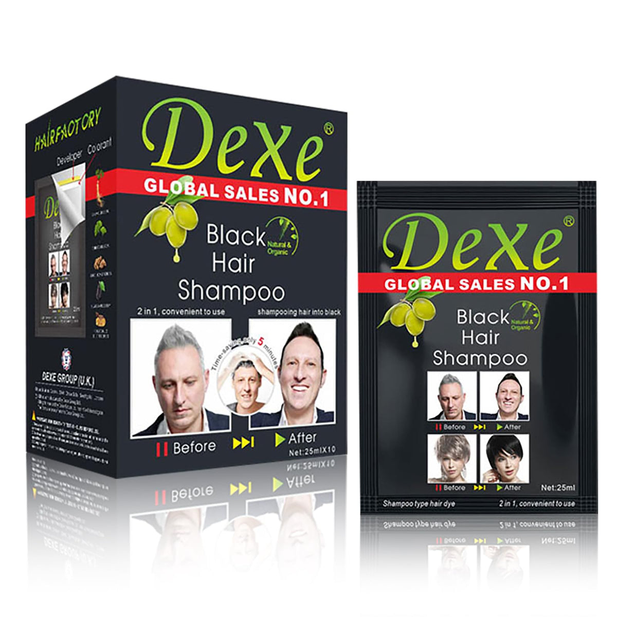 ECOFAN Dexe front packaging showing 10 single-use sachets and branding benefit quick dye