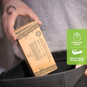 EcoFox swabs arranged in bathroom scene conveying daily use with reduced plastic waste