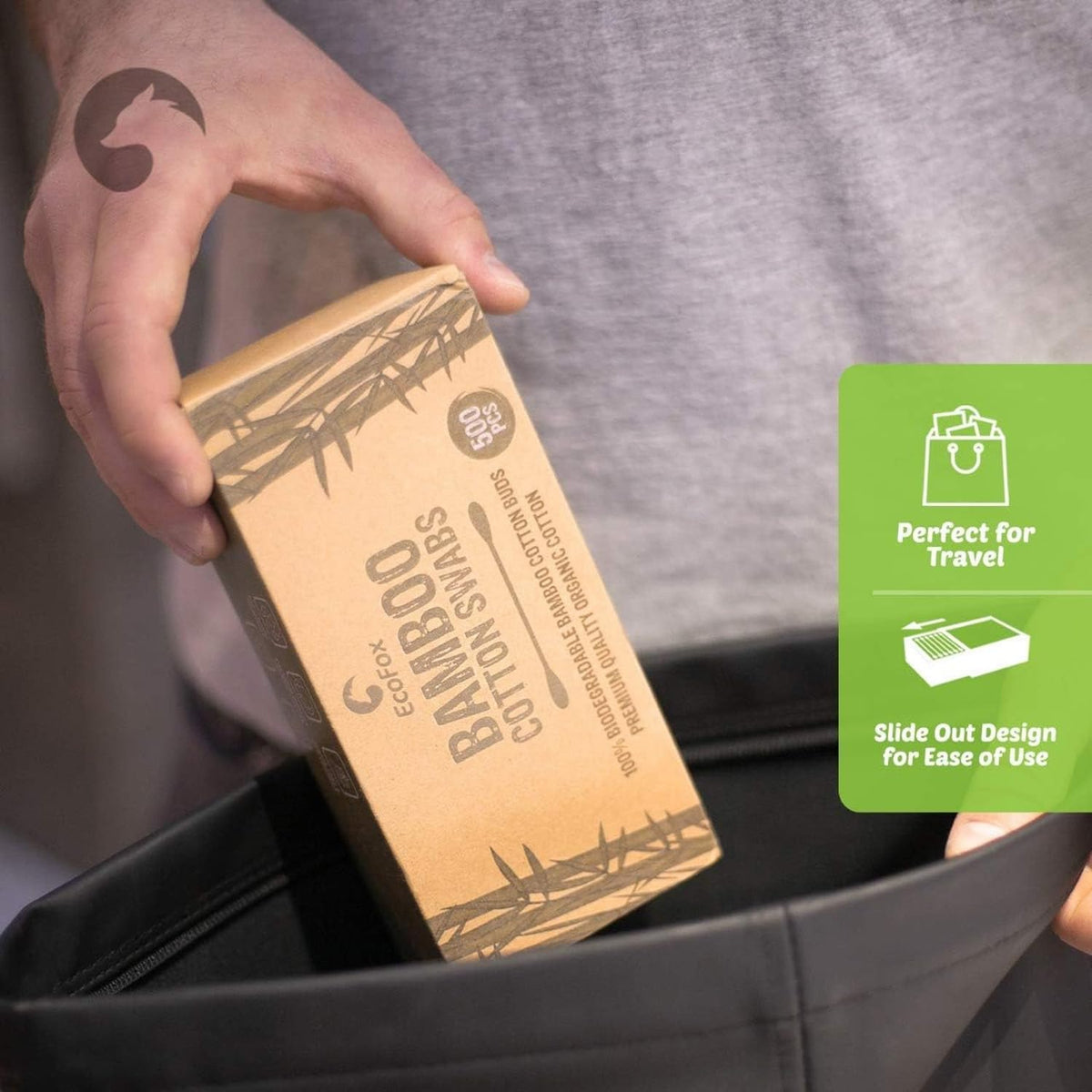EcoFox slide-out eco packaging demonstrating recyclable, compact storage