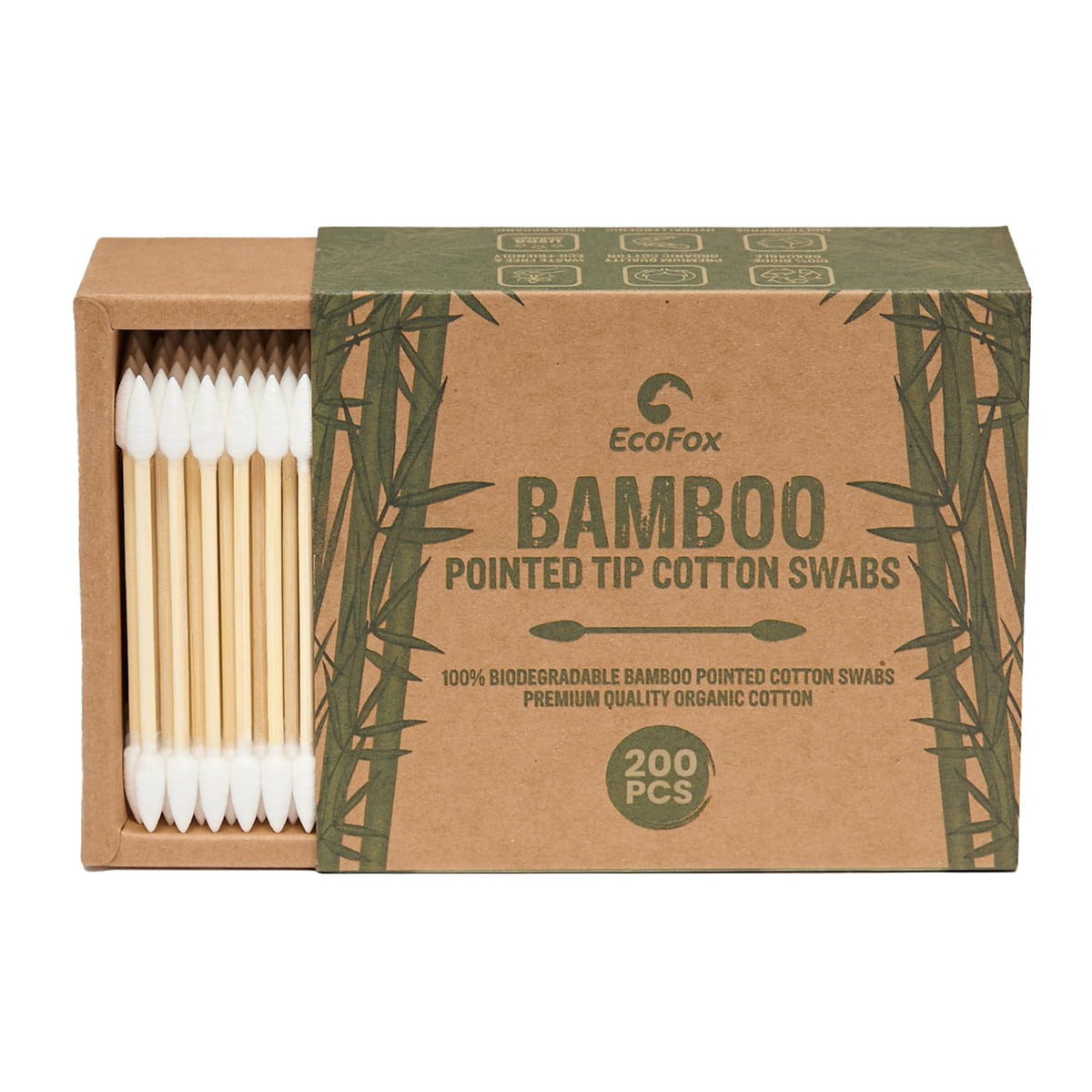 EcoFox front packaging showing 200-count eco-friendly cotton swabs and benefit of biodegradable box