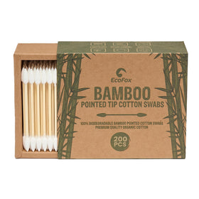 EcoFox front packaging showing 200-count eco-friendly cotton swabs and benefit of biodegradable box