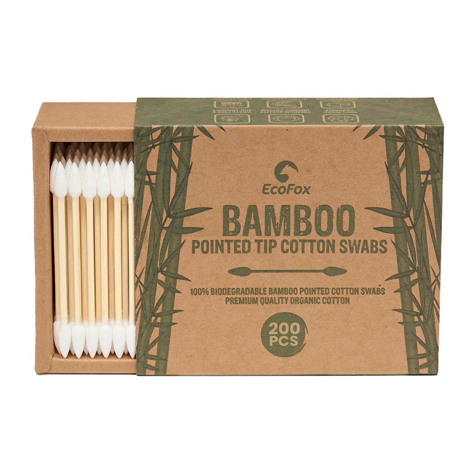 EcoFox front packaging showing 200-count eco-friendly cotton swabs and benefit of biodegradable box