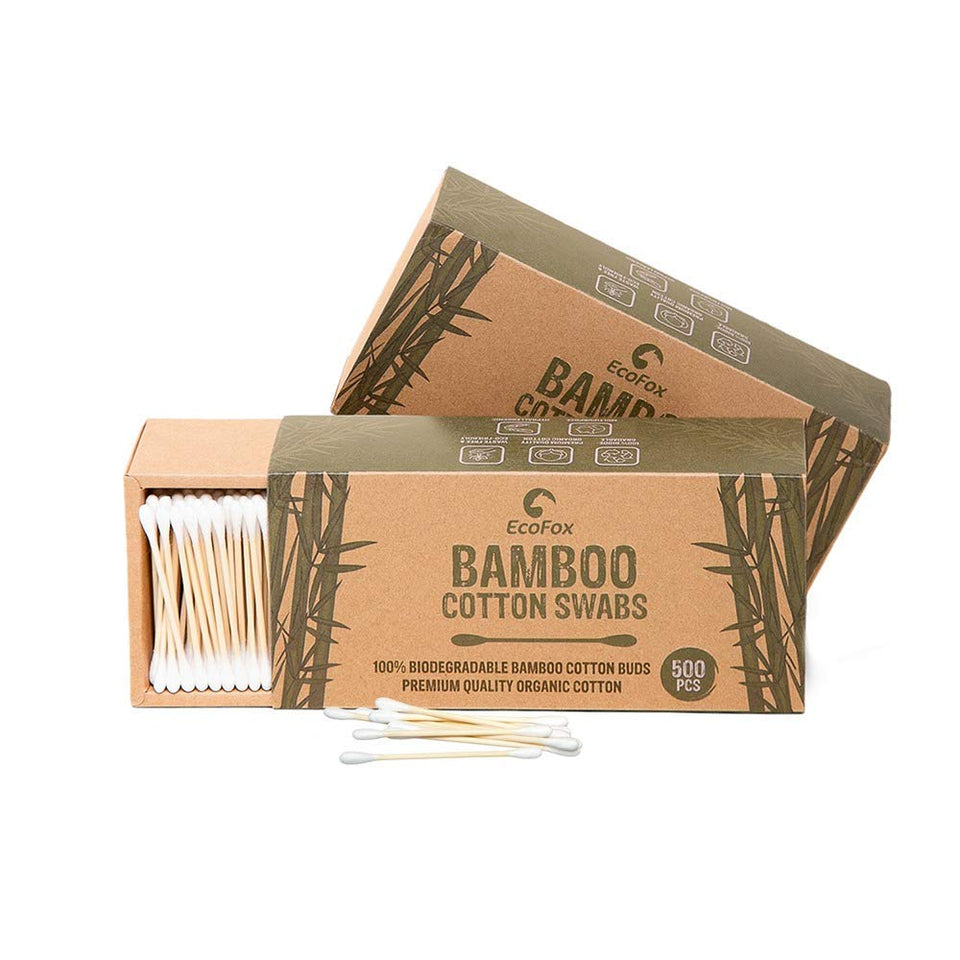 EcoFox front packaging showing eco-friendly bamboo cotton swabs benefits