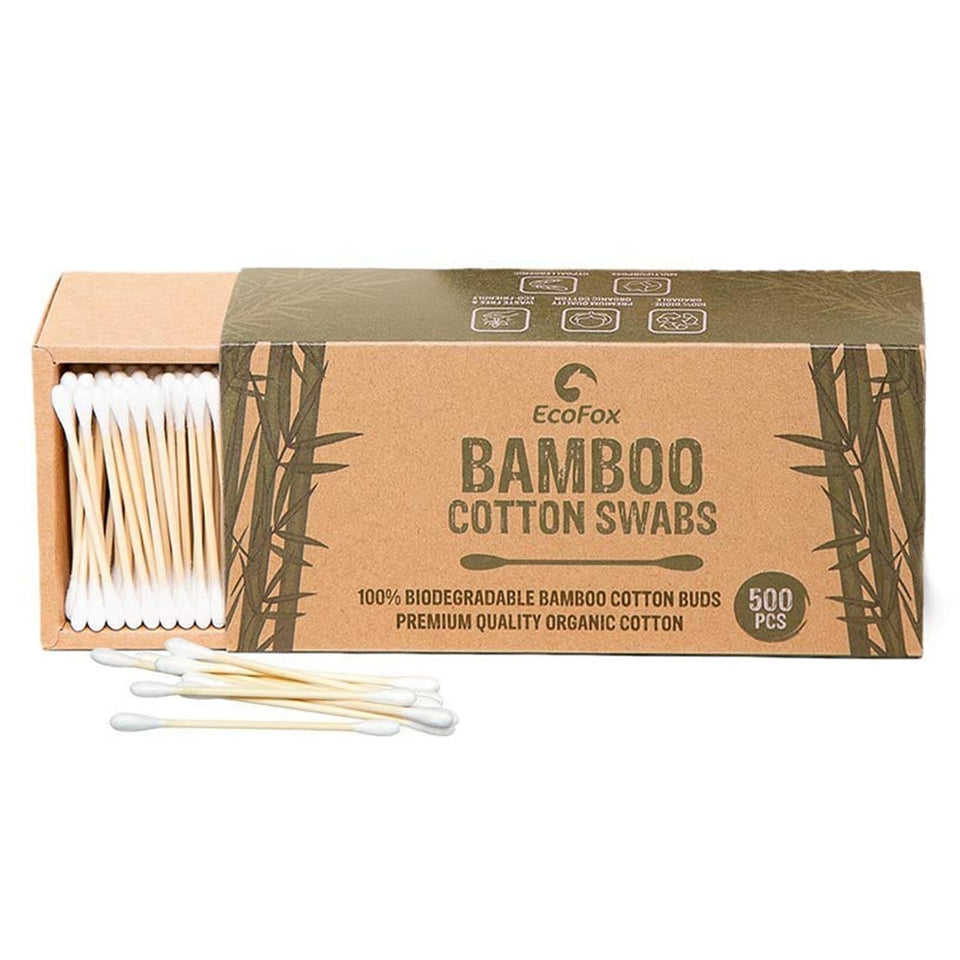 EcoFox front packaging showing 500-count biodegradable swabs and benefits