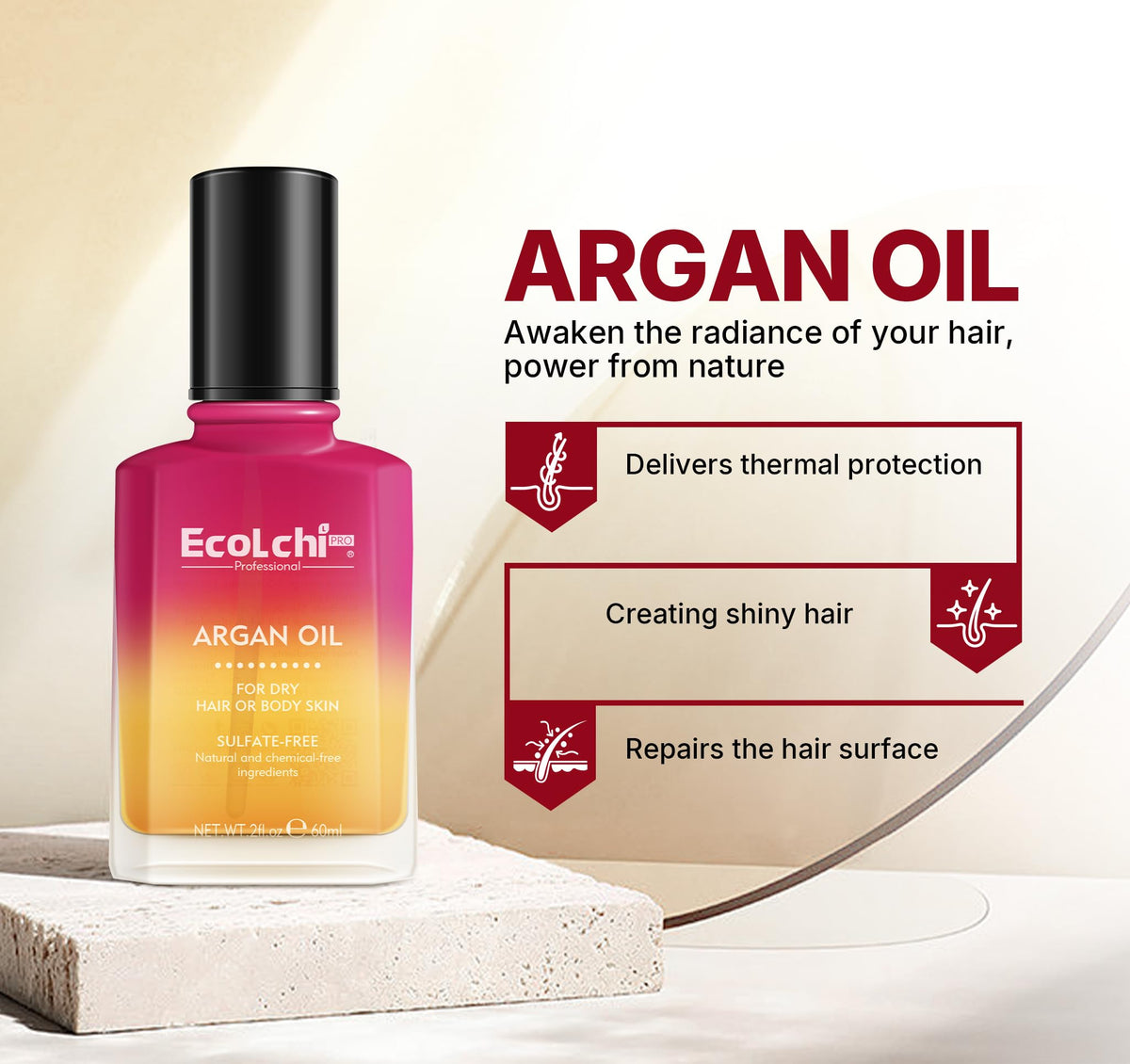 ECOLCHIPRO oil texture on palm, lightweight absorption benefit