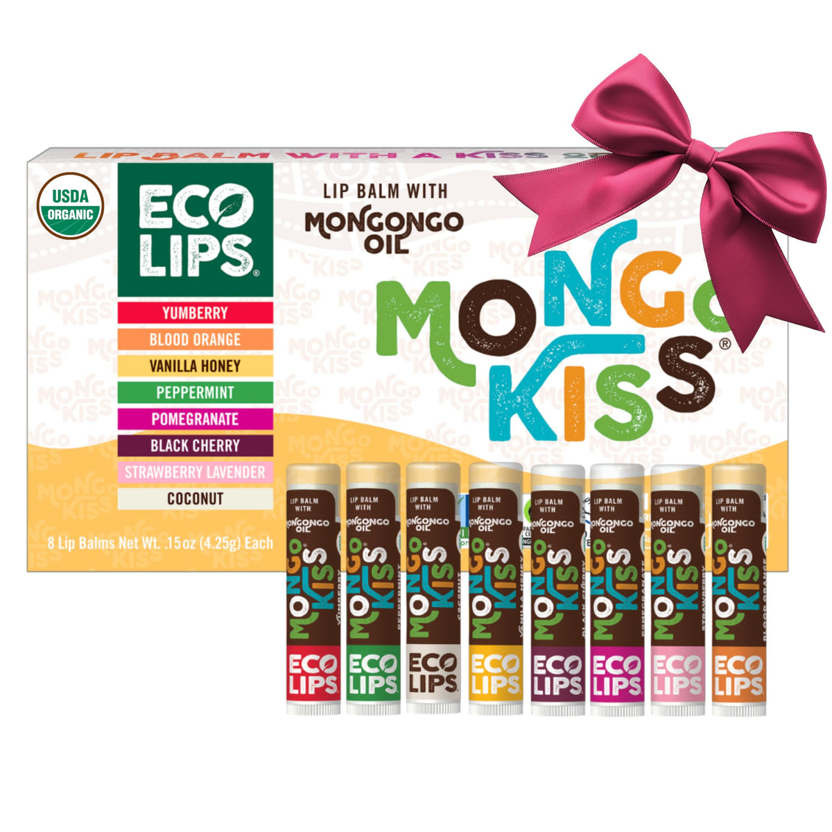 Eco Lips front packaging showing 8-pack and organic badge benefit