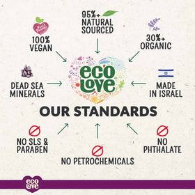 ecoLove shampoo styled on bathroom shelf creating a calm lavender vibe