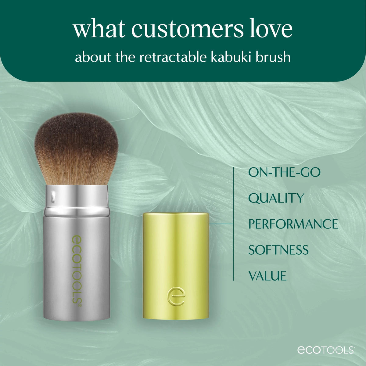 EcoTools aluminum handle detail showing durable, lightweight construction and eco benefit