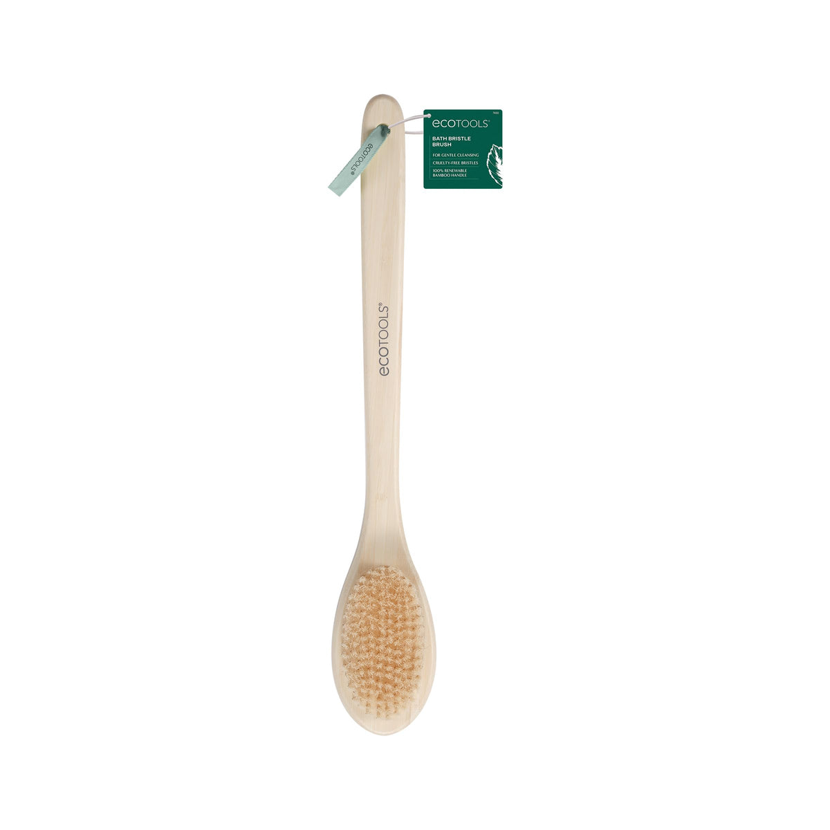 EcoTools front view of long-handle brush showing full shape and reach benefit