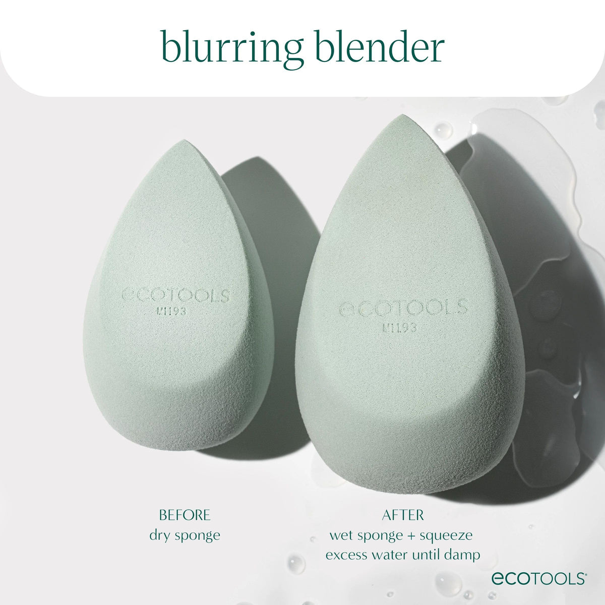 EcoTools damp sponge blending liquid foundation for a seamless finish