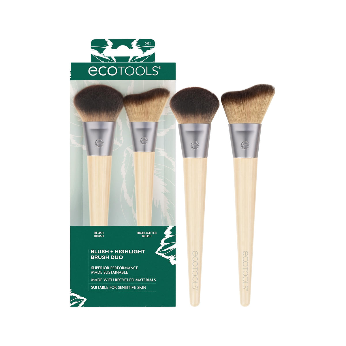 EcoTools front packaging showing the blush and highlight brush duo and eco benefits