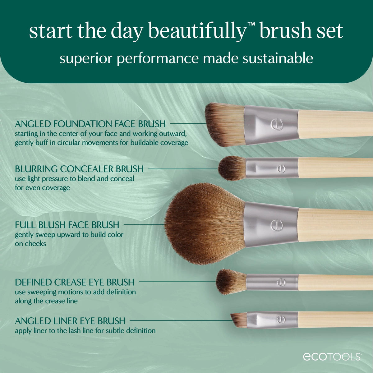 EcoTools brushes arranged on tray showing shapes and sizes, organized vanity benefit