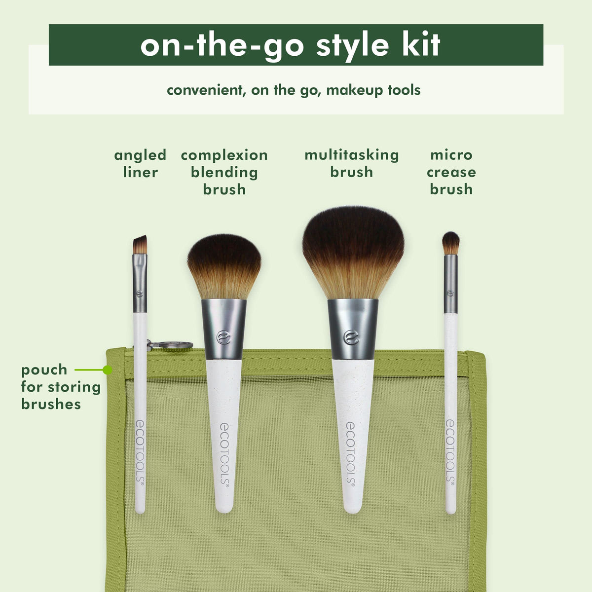 EcoTools brushes lined up displaying each brush shape for versatile makeup application