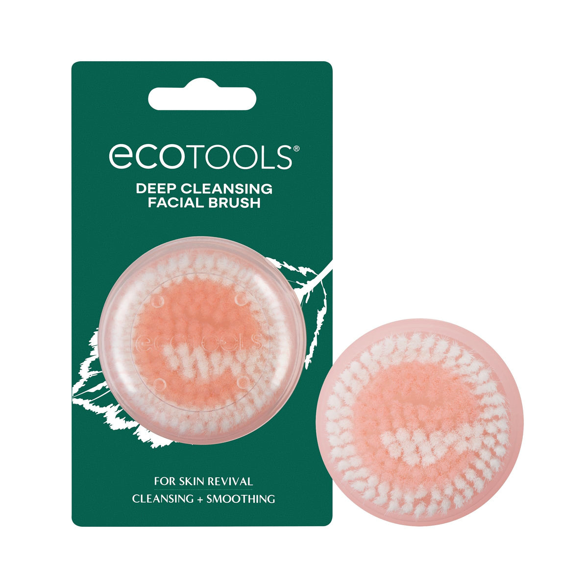 EcoTools facial brush front view showing compact design and eco-friendly benefit