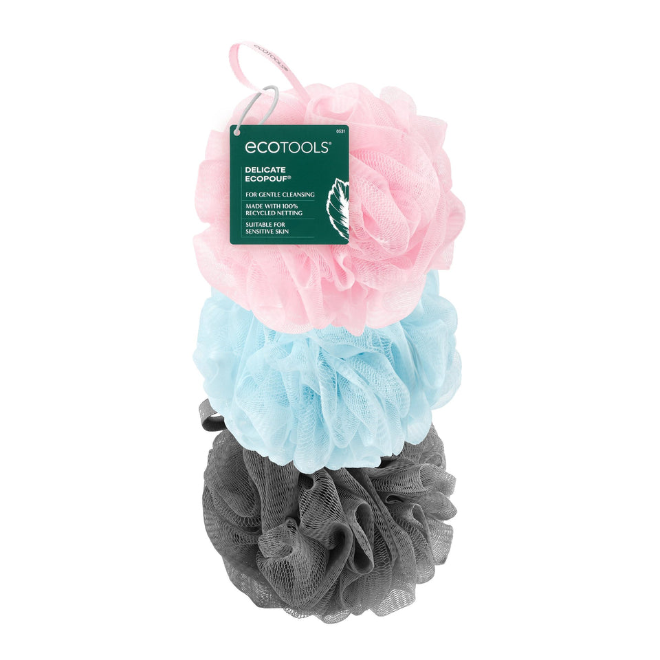 EcoTools front packaging showing three poufs and eco-friendly branding benefit