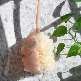 EcoTools brush in shower demonstrating easy reach for back cleansing