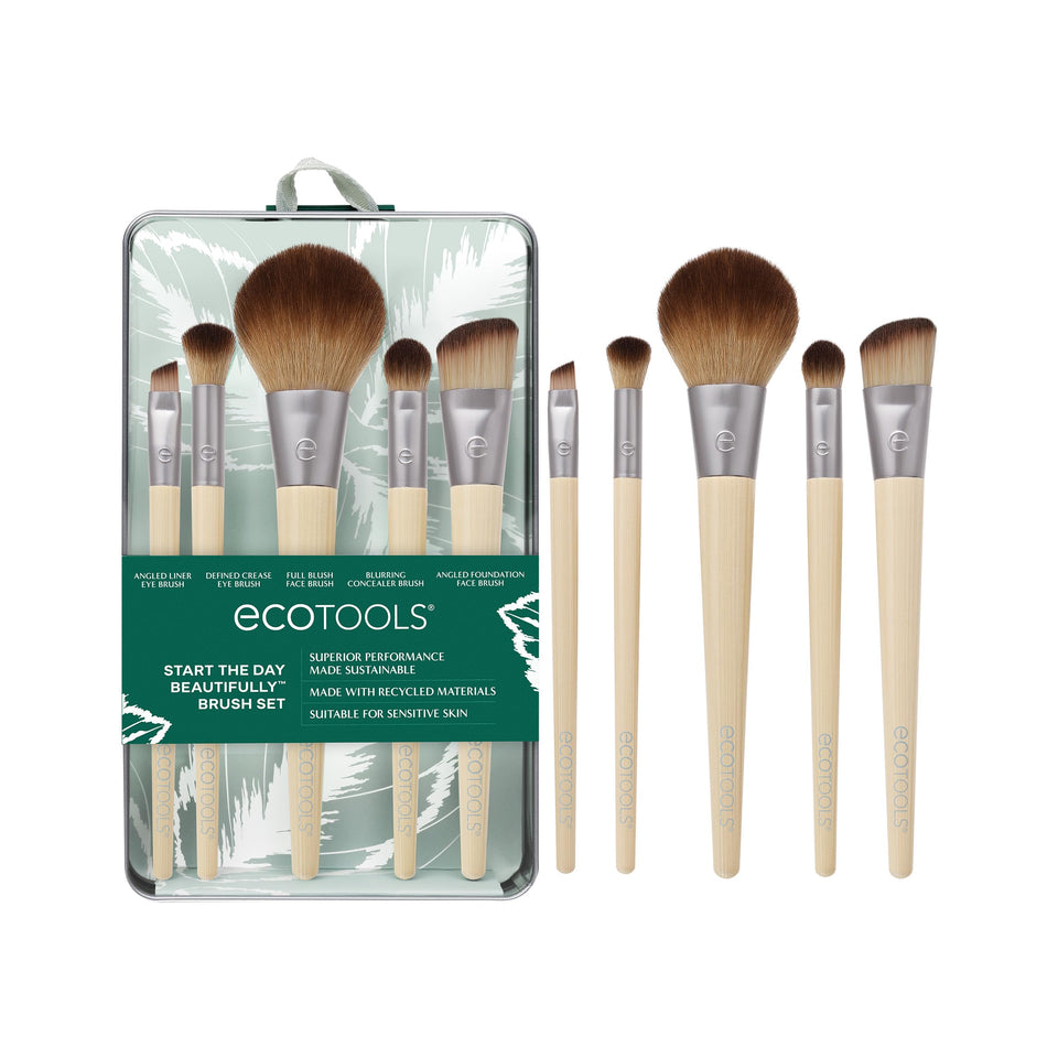 EcoTools front packaging showing complete 6-piece brush set and holder, sustainable materials benefit